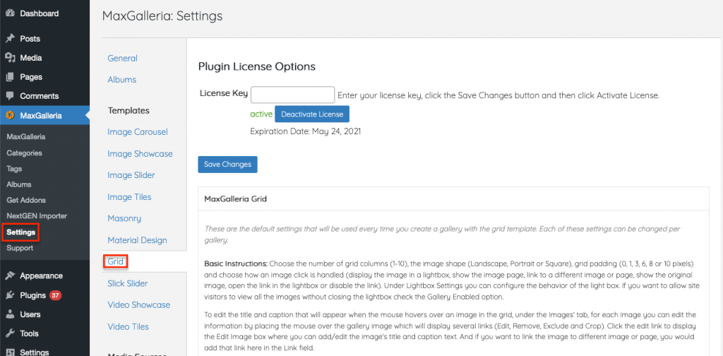 Grid settings page